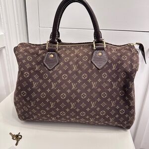 Authentic Louis Vuitton Monogram Mini Lin Brown Canvas Speedy 30